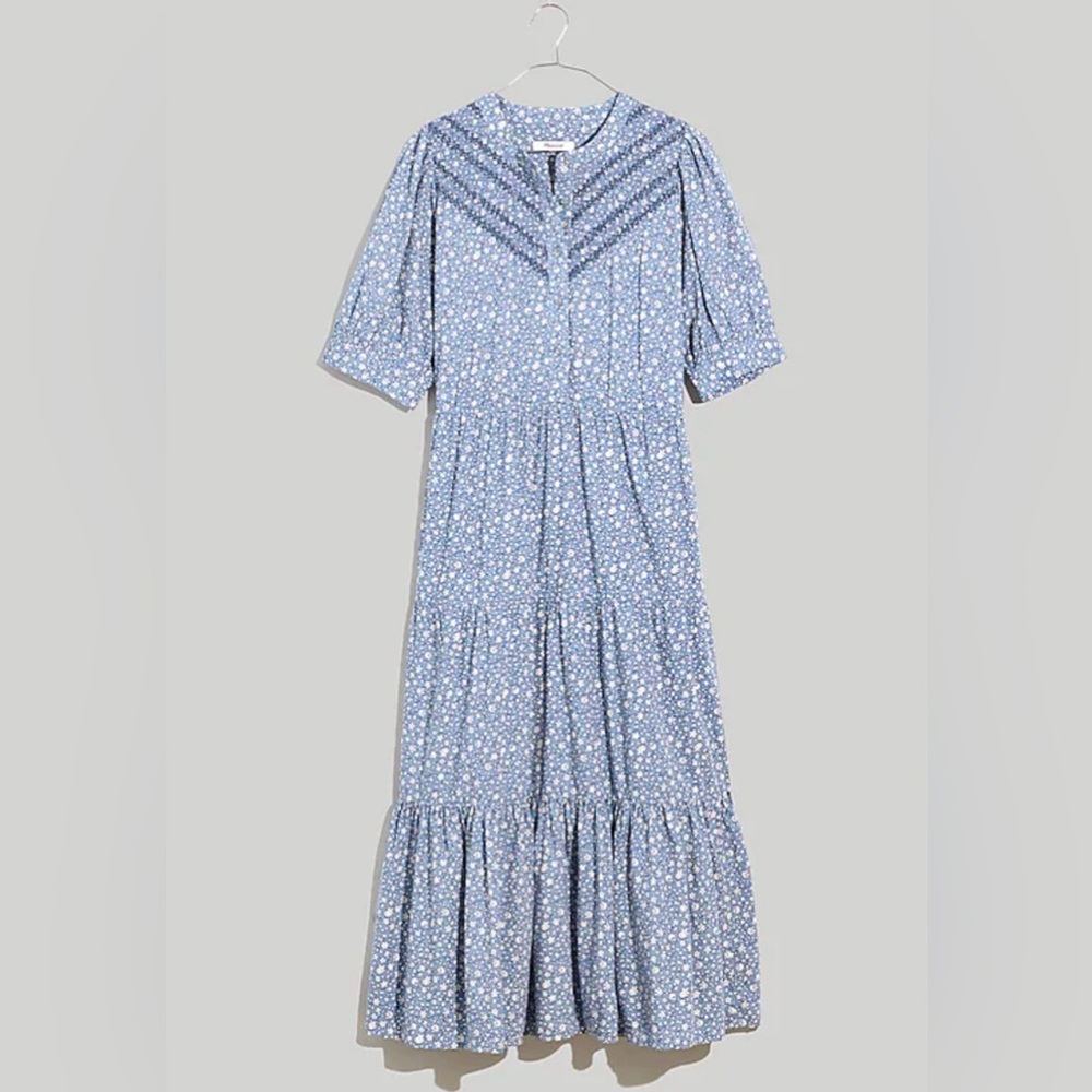 Madewell Embroidered Blue Puff-Sleeve Tiered Midi Dress Cottage Garden Blue XL